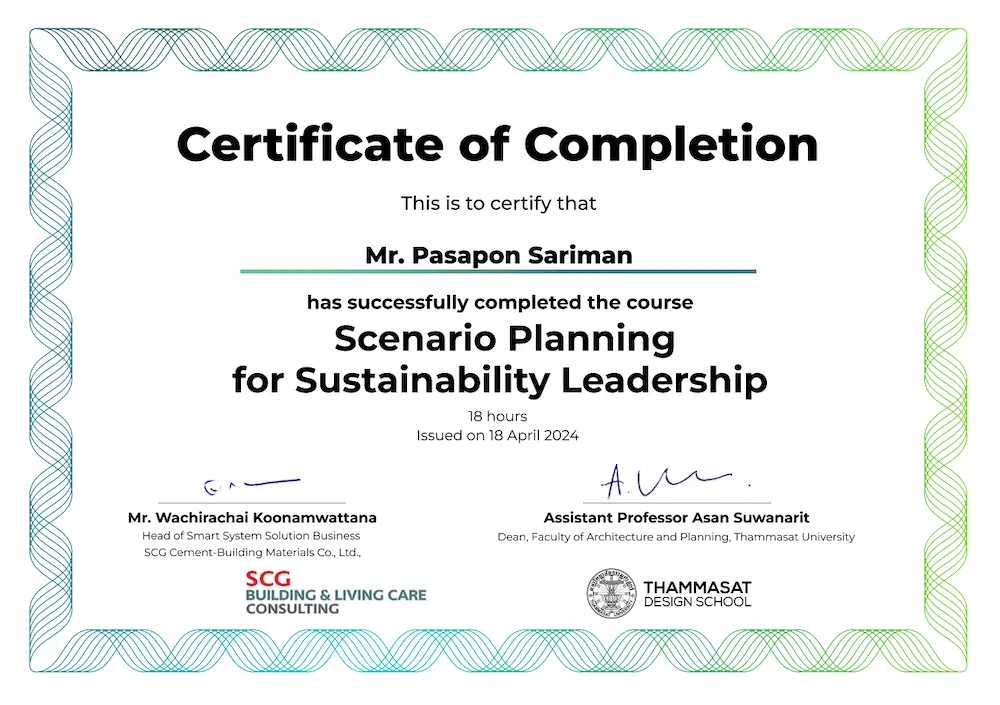 Certificate of Completion for Sustainability Leadership course